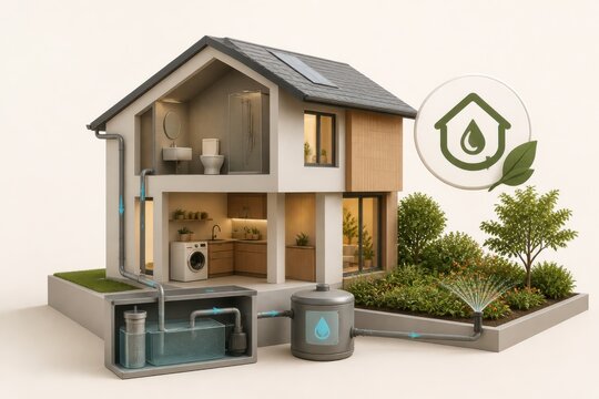 Sustainable house model with rainwater harvesting greywater recycling and smart irrigation for eco friendly home design