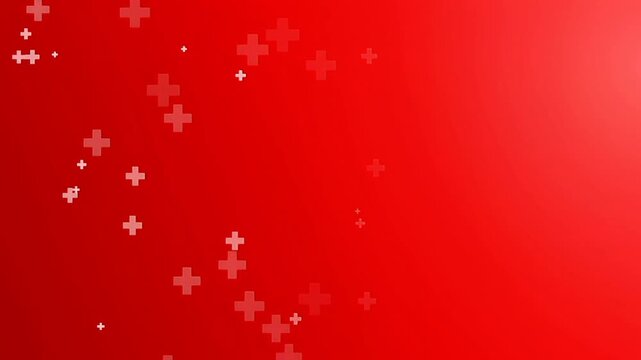 A dynamic red motion background featuring floating white medical plus symbols. Suitable for emergency medical care, first aid training, and pharmaceutical healthcare advertisements
