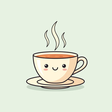 Cute cartoon cup of tea with happy face and steam.
