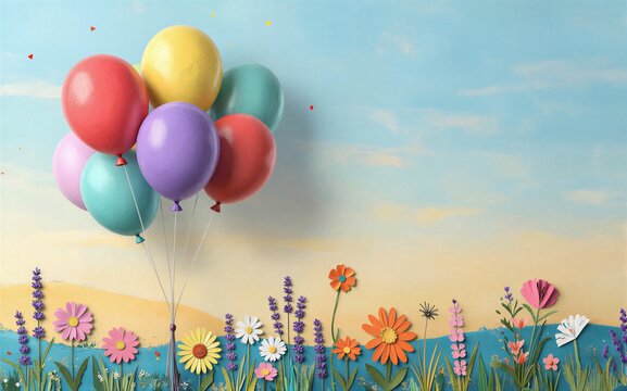 Colorful balloons float above a vibrant paper-cut flower field under