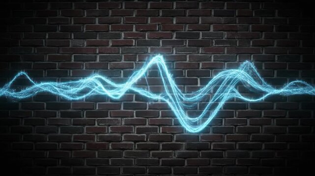 Electric Blue Energy Wave Pulse Against Dark Brick Wall Background