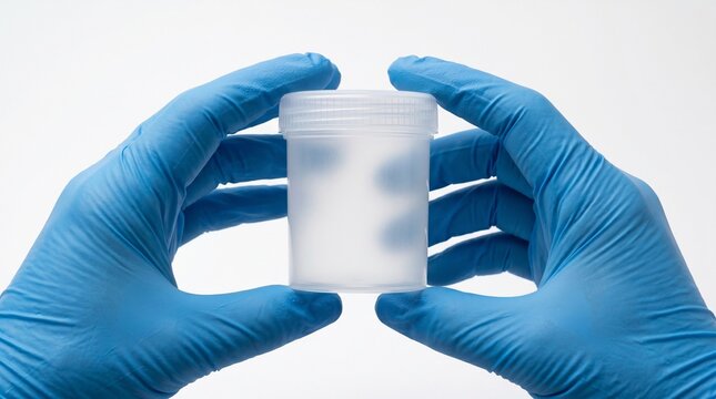 Sterile specimen container held by healthcare professional, representing medical testing and infectious disease monitoring. Clean and versatile healthcare concept, Isolated on White background