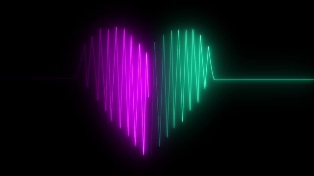 Neon heartbeat line animation with love icon. Heart Line, Heart rhythm, heart beat pulse. Abstract heart beats , heartbeat line neon light heart rate display screen .neon heart beat with love icon.4k