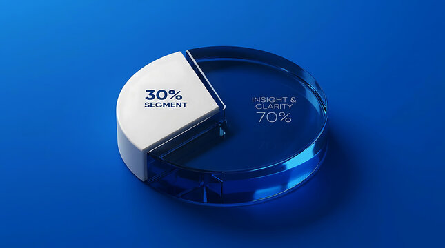 Transparent blue pie chart with white segment showing 30 percent segment and 70 percent insight graph