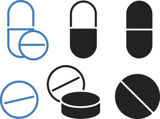 Fototapeta premium Set of medical pill and tablet featuring outline and solid black and blue for pharmaceutical healthcare branding and clinical medication