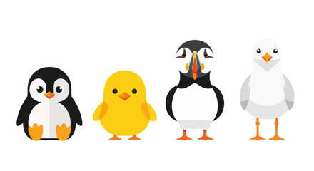 Naklejka premium Cute cartoon birds, penguin, puffin, seagull, chick, colorful animal icons, vector set