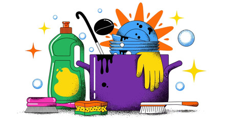 Obraz premium Cleaning supplies, household items, vector icons, colorful illustration, cleaning tools