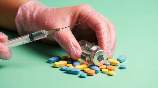 Gloved Medical Hand Holding Syringe and Vial with Scattered Pills for Injection Procedure Visuals