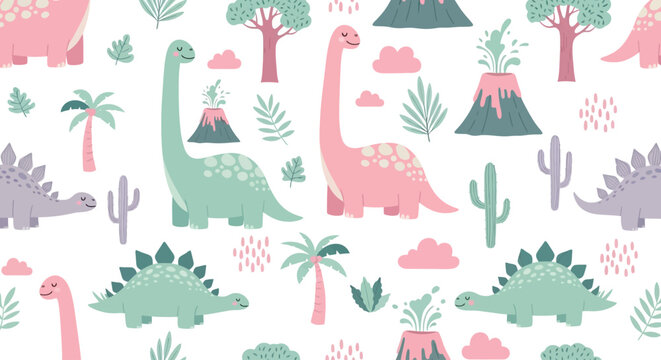 Dinosaur seamless pattern, pastel colored vector dinosaurs, kids wallpaper, cute prehistoric creatures