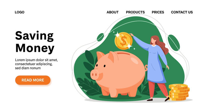 Saving money, finance, piggy bank, woman, illustration, vector, cartoon, green background, coins, financial planning, economy, business, banking, investment, savings, money growth, wealth