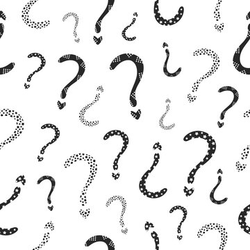 Black monochrome question mark seamless pattern. Decorative punctuation mark and FAQ vector backdrop with dots and stars