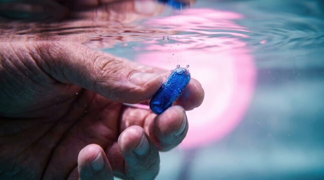 Hand Holding Dissolving Pharmaceutical Capsule in Water: Drug Release Dissolution Process for Medical Education