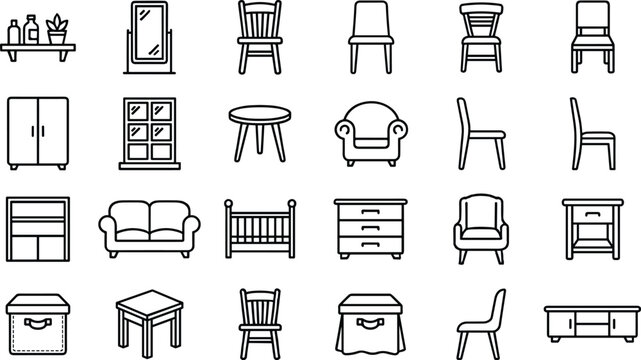 Furniture outline icon set with chairs tables sofa cabinet and home interior objects in clean minimal line style