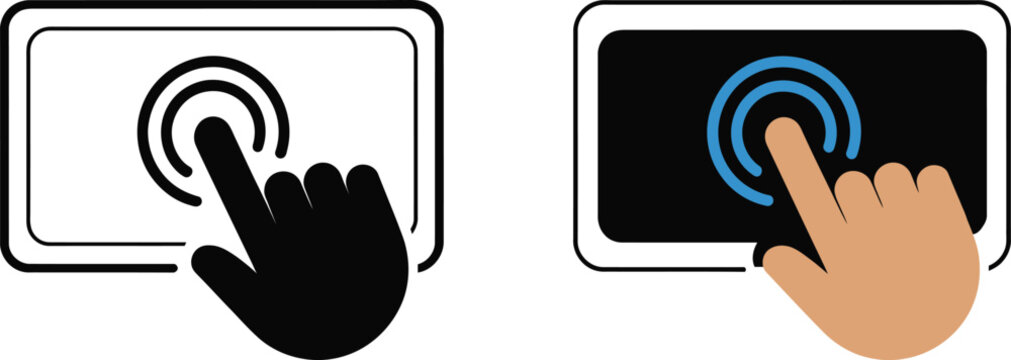 Two flat showing a human hand finger touching a digital tablet screen interface with concentric circle ripple effect for user interaction