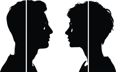 Male and female profile silhouettes facing each other with split composition isolated on white background for social concept © MdRobiul