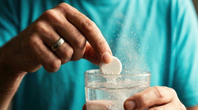 Hand Releasing Effervescent Tablet into Water Glass for Instant Fizzing Dissolution in Health Supplements