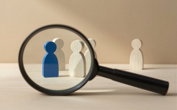 Magnifying glass highlights one blue figure among many white figures