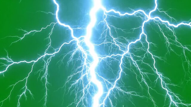 A vibrant green background is dramatically illuminated by a striking display of bright white lightning bolts, creating a powerful and energetic visual effect.