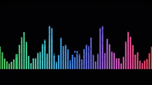 Vibrant sound equalizer bars illustrate abstract music visualization, creating a captivating digital audio spectrum against a dark backdrop, symbolizing rhythm and technology