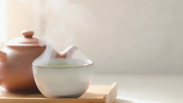 Steaming tea cup and clay teapot on wooden tray, soft light, minimal home drink setup, wellness and hospitality