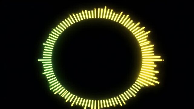 Dynamic circular audio spectrum analyzer with vibrant neon green and yellow glowing bars on a deep black background, visualizing sound waves and music