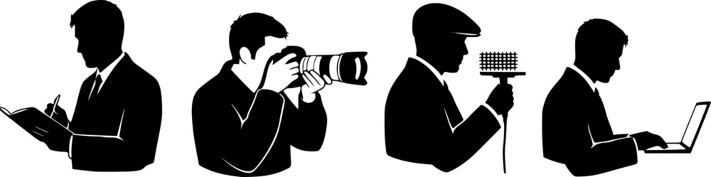 Filmmakers operating camera equipment silhouette vector, crew of directors and cameramen, black and white illustration
