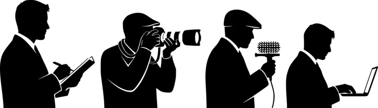 Filmmakers operating camera equipment silhouette vector, crew of directors and cameramen, black and white illustration
