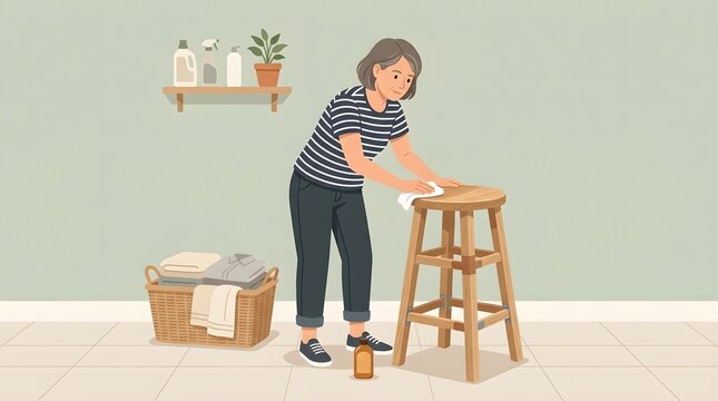Clean Routine: An adult woman tidies up her home, meticulously cleaning a wooden stool, with a laundry basket and house plants accentuating the backdrop.