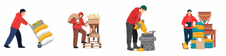 Flat Illustration of Workers Processing and Transporting Grain Sacks, Featuring Milling Machinery and Manual Labor in an Agricultural Setting © Sugik