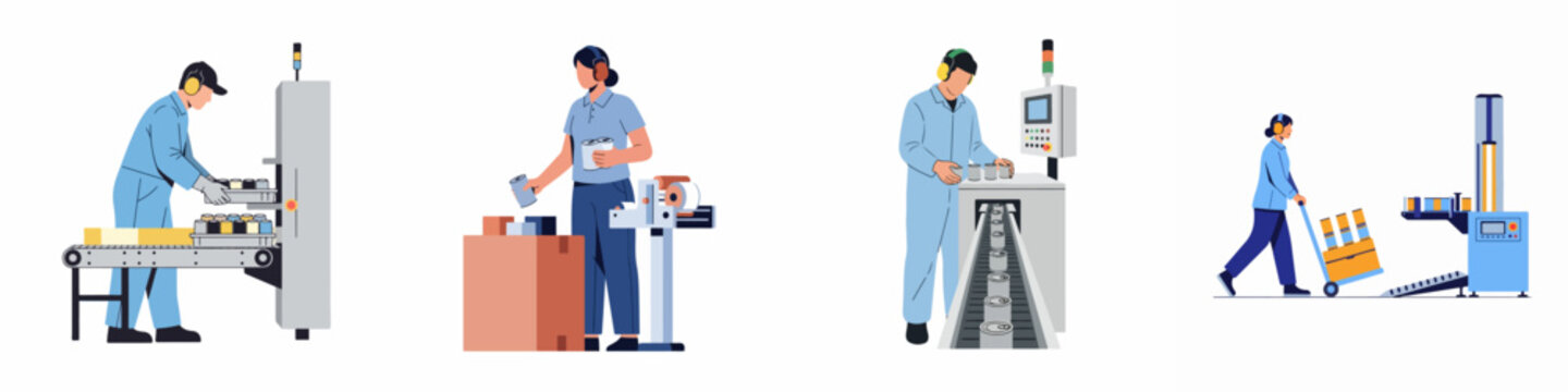 Industrial workers packaging canned food on a production line in a modern factory setting, featuring conveyor belts and automated machinery.