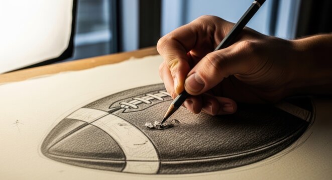 Hand drawing a football with pencil