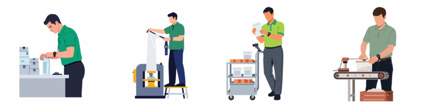 Set of industrial workers in a factory environment performing tasks like packaging, machine operation, and quality control, represented in a flat vector illustration style.