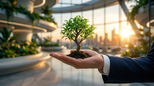 Hand holding a small tree symbolizing growth and sustainability in a modern office building.