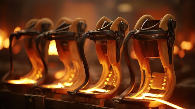 Intensely Hot Glowing Metal Parts Being Forged in Industrial Furnace