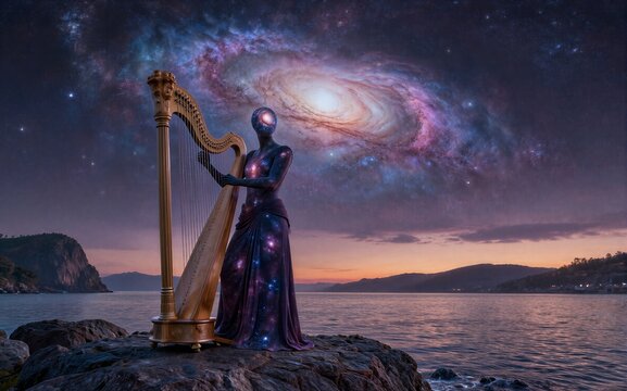 Celestial harpist stands by sea galaxy swirling above stars lighting