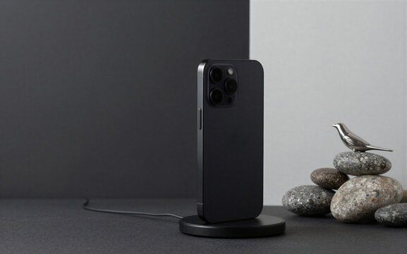 Black iPhone rests on charger beside stacked stones with a silver