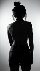 Fototapeta premium Backlit Woman Silhouette Standing with Bare Back in Minimal Studio