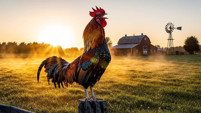 Rooster Crowing at Sunrise on a Rural Farm