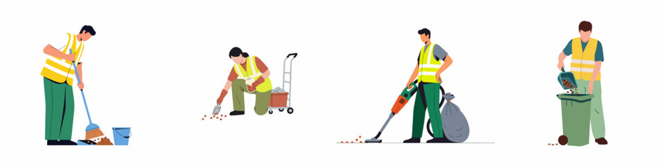 Set of flat illustrations showing sanitation workers in reflective vests cleaning streets with brooms, scoops, vacuums, and trash bins. © Sugik