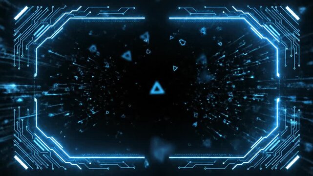 A futuristic, glowing blue circuit frame design is displayed against a stark black background, suggesting advanced technology and digital interfaces.