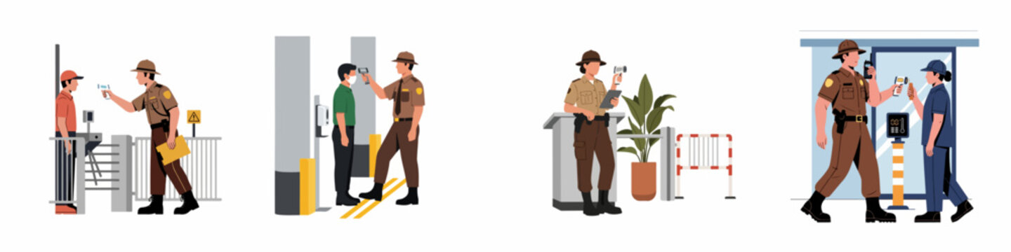 Security guard characters conducting health screenings and monitoring access at checkpoints with temperature checks and communication tools, flat vector illustration set.