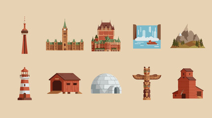 Fototapeta premium Icons featuring Canadian landmarks and symbols