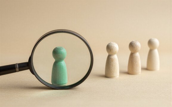 Magnifying glass highlights a green figure while others stand in the