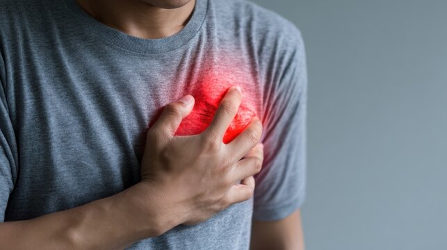 hand hold chest with heart attack symptoms, working hard have chest pain caused by heart disease, leak, dilatation, enlarged coronary heart, press on the chest with a painful expression