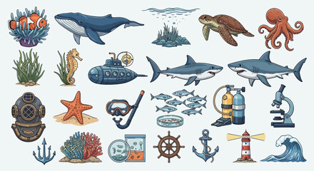 Sea creatures and ocean objects collection. © rohit