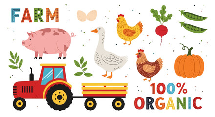 Organic Farm Icons, Vector Farm Animals, Tractor and Produce, Sustainable Agriculture Symbols © Shawn