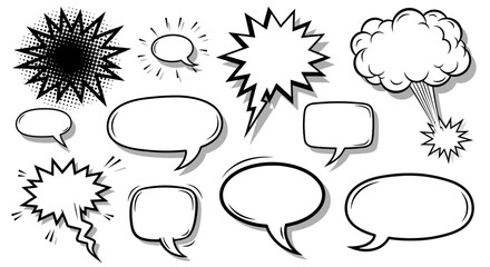 Fototapeta premium Comic speech bubbles, conversation icons, dialogue symbols, black and white chat boxes, vector illustrations