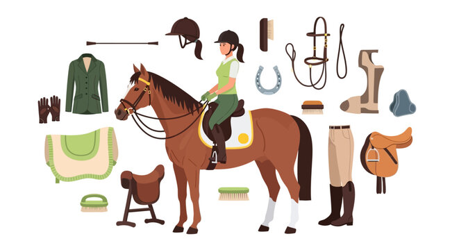 Equestrian, horse riding, equine vector icons, 25 elements, brown horse, riding gear, accessories