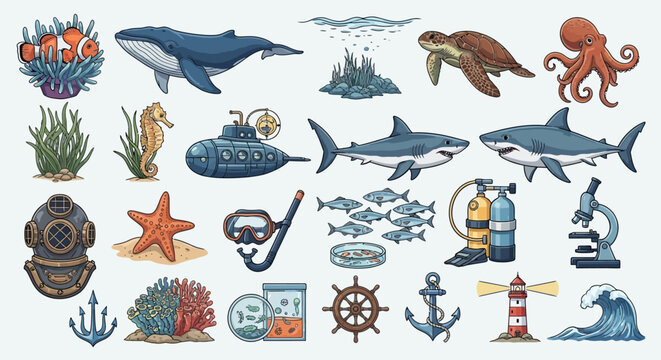 Sea creatures and ocean objects collection.