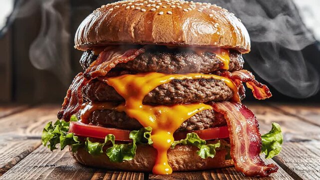 A mouthwatering, towering double cheeseburger with bacon, lettuce, tomato, and melted cheese sits on a rustic wooden surface, emitting a tempting aroma.